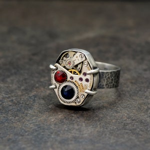 Personalized Steampunk Ring in Sterling Silver Choose Your Colors Steampunk Jewelry, Engagement Steampunk Watch Ring, Industrial Jewelry Add Crystals