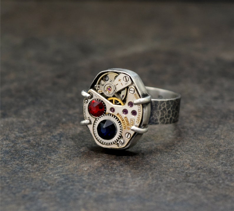 Personalized Steampunk Ring in Sterling Silver Choose Your Colors Steampunk Jewelry, Engagement Steampunk Watch Ring, Industrial Jewelry image 3