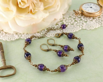 Victorian Jewelry Set, AMETHYST GEMSTONE, Purple Antique Brass Bracelet Earrings, Amethyst Jewelry, Victorian Jewelry Gift For Her