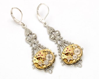 STEAMPUNK WEDDING Earrings GOLD Silver Steampunk Bride Steampunk Vintage Watch Dangle Earrings Steampunk Jewelry Gift For Her