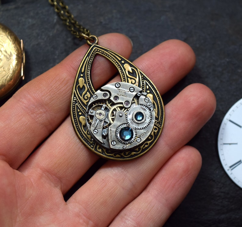 READY TO SHIP Steampunk Necklace Teal Blue, Steam Punk Jewelry Vintage Pocket Watch Teardrop Pendant, Antique Brass Victorian Gift For Her image 1