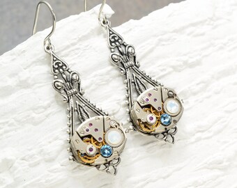 Steampunk Jewelry Earrings, Personalized Vintage Watch Earrings in Antique Silver, Gift for her, Steampunk Wedding, Steam Punk, Pierced/Clip