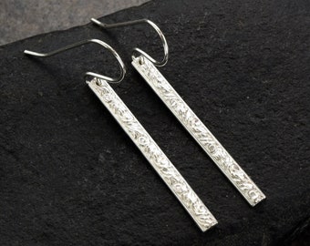 Sterling Silver Dangle Earrings, Bar Earrings|Shiny or Oxidized, 2" Long BOHO Minimalist Everyday Jewelry, Nature Leaf Pattern Drop Earrings