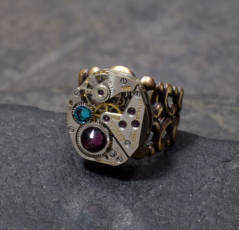 Birthstone Steam Punk Ring, Personalized Steampunk Ring in Antique Brass or Silver, Customize Choose Your Colors, Industrial Steampunk Bronze