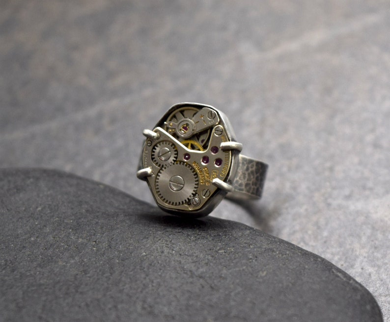 Personalized Steampunk Ring in Sterling Silver Choose Your Colors Steampunk Jewelry, Engagement Steampunk Watch Ring, Industrial Jewelry No Crystals