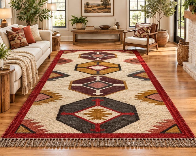 Featured listing image: Handwoven Southwestern Area Rug, Large Geometric Kilim Rug, Southwestern Tribal Rug for Living Room Bedroom, Red Natural Jute Wool Rug