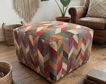 Handmade Kilim Pouf Ottoman, Wool Jute Floor Cushion, Boho Footstool, Tribal Geometric Ottoman, Farmhouse Pouf Seat, Home Decor, Custom Pouf