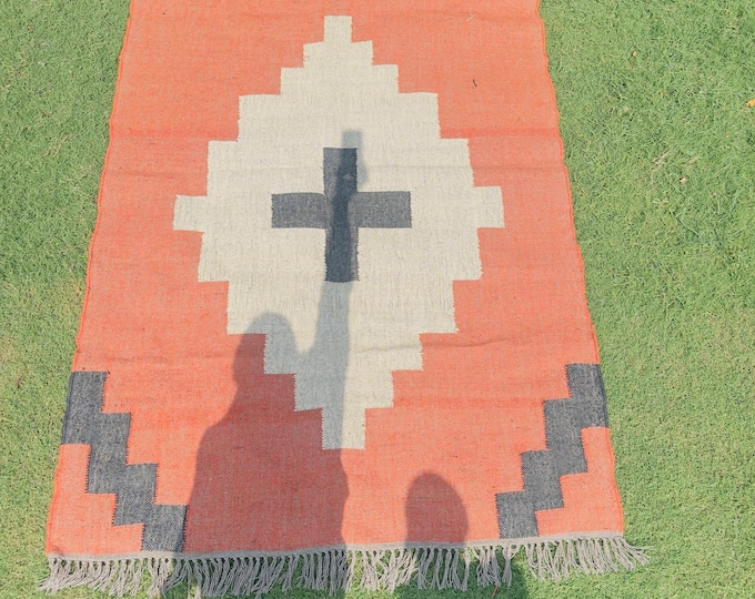Featured listing image: Handwoven Southwestern Area Rug, Large Geometric Kilim Rug, Southwestern Tribal Rug for Living Room Bedroom, Red Natural Jute Wool Rug