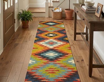 May include: A colorful, patterned runner rug with a geometric design in shades of blue, orange, yellow, and green. The rug has a fringed edge and is placed on a hardwood floor in a hallway. The rug is approximately 8 feet long.