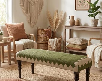 Handmade Kilim Upholstered Bench, Green Wool Jute Bench, Wooden Entryway Bench, Boho Ottoman Bench, Rustic Bedroom Bench