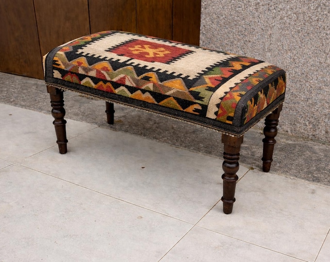 Featured listing image: Vintage Rug bench, handmade furniture, teak wood bench, ottoman bench, kilim ottoman, floral rug bench kilim bench, sitting bench Home Decor