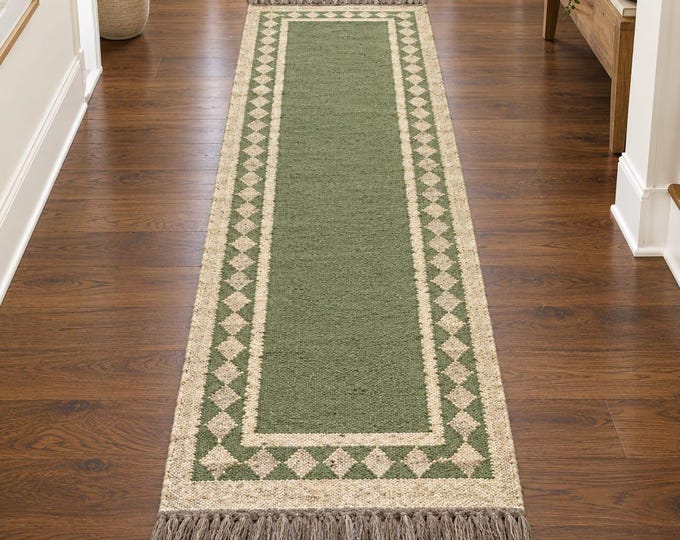 Featured listing image: Olive Green Wool Jute Runner Rug, Handwoven Geometric Hallway and Entryway Rug with Cream Diamond Border and Fringe, Custom Size