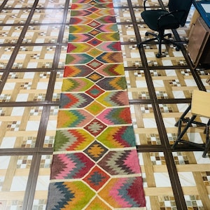 Handwoven Kilim Runner Rug: Wool & Jute Stair Decor, Bohemian Style