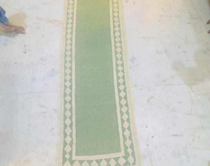Featured listing image: Olive Green Wool Jute Runner Rug, Handwoven Geometric Hallway and Entryway Rug with Cream Diamond Border and Fringe, Custom Size