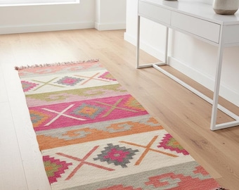 Handwoven Wool Jute Kilim Rug, Indian Dhurrie Flatweave, Bohemian Geometric Area Rug Decor handmade rug southwestern rug , stair runner rug
