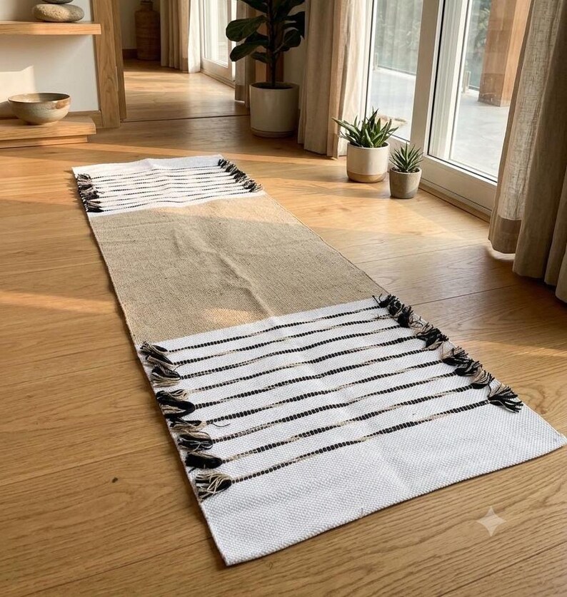 May include: A rectangular runner rug featuring a central tan jute section flanked by white ends with thin black horizontal stripes. The short edges are finished with decorative black and white knotted fringe tassels along the entire width.