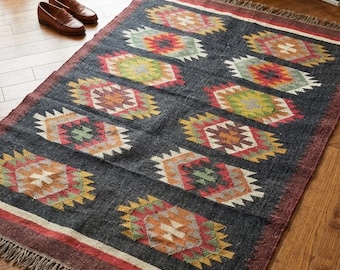 Alfombra Kilim estilo bohemio del suroeste, alfombra tribal geométrica tejida a mano, alfombra de lana colorida de tejido plano con flecos, decoración para sala de estar