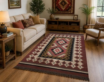 Southwestern Kilim Area Rug, Handwoven Wool Jute Rug, Geometric Tribal Floor Rug, Boho Living Room Rug, Rustic Farmhouse Home Decor, Custom