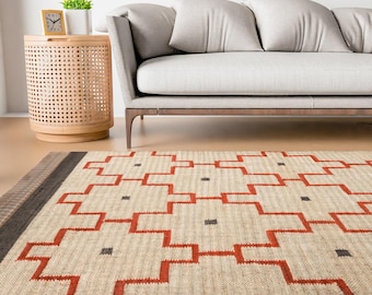 Handwoven Wool Jute Kilim Rug, Indian Dhurrie Flatweave, Traditional Boho Area Rug Decor