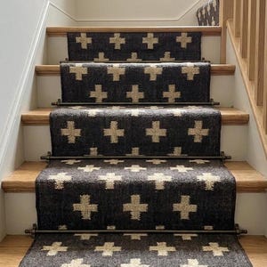 Black Stair Runner Rug, Handmade Wool Jute Stair Carpet, Geometric Cross Pattern Runner, Hallway Runner Rug, Farmhouse Stair Tread Runner
