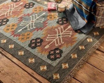 Handwoven Wool Jute Kilim Rug, Traditional Indian Dhurrie, Flatweave Boho Area Rug, Handmade Tribal Home Decor