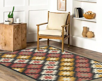 Ręcznie robiony dywanik kilim, dywan w stylu boho w stylu południowo-zachodnim, wełniany dywanik do salonu w stylu plemiennym, wystrój wnętrz w stylu vintage, ręcznie robiony dywanik w geometrycznym stylu