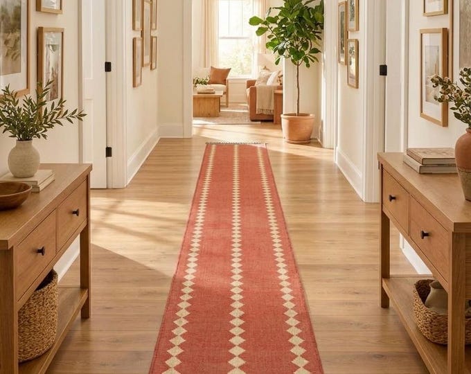 Featured listing image: Handwoven Terracotta Runner Rug, Geometric Diamond Hallway Runner, Boho Flatweave Floor Rug for Entryway, Kitchen and Bedroom Decor runner