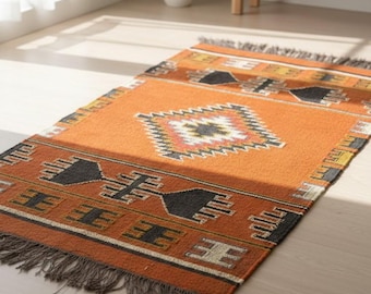 Handwoven Wool Jute Kilim Rug, Traditional Indian Dhurrie, Flatweave Boho Area Rug, Handmade Tribal Home Decor