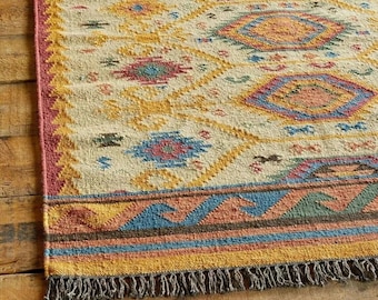 Handwoven Wool Jute Kilim Rug | Traditional Indian Flatweave Area Rug | Handmade Boho Home Decor