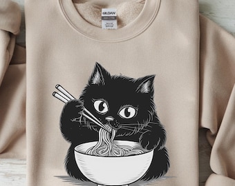 Cute Noodle Cat Sweatshirt, Ramen Cat Shirt, Anime Cat Tshirt, Japanese T-shirt, Ramen Lover Sweater, Cat Lover Gift, Black Cat Ramen Hoodie