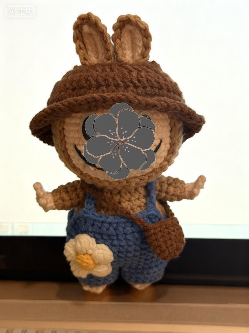 Peut inclure: Poup&eacute;e lapin au crochet faite &agrave; la main. Le lapin porte un chapeau marron, une salopette bleue et un petit sac marron. La salopette a une fleur blanche et jaune. Le lapin est fait de fil marron et beige.