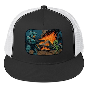 Cyber Robot Cop &#39;Aliens In Old Detroit&#39; battle scene Trucker Cap