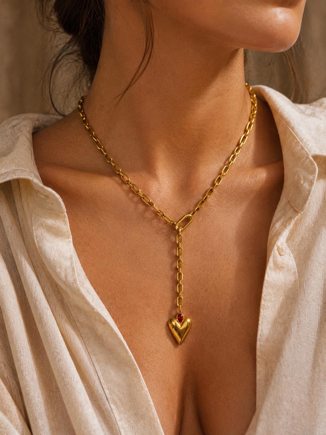 Gold Plated Heart Lariat Necklace, Adjustable Carabiner Clasp, Red Crystal Pendant