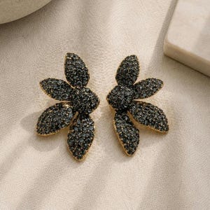 Black Crystal Floral Statement Earrings – Oversized Sculptural Design, Lightweight Jewellery