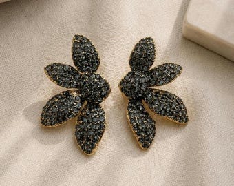 Black Crystal Floral Statement Earrings – Oversized Sculptural Design, Lightweight Jewellery