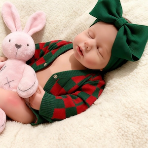 Op de afbeelding: Een slapende baby met een groene hoofdband met een grote strik en een rood-groen geruit vest. De baby houdt een roze knuffelkonijn vast. De baby ligt op een witte, zachte deken.