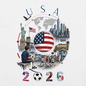 Pu&ograve; includere: Un design grafico con un pallone da calcio con il design della bandiera americana, la Statua della Libert&agrave; e lo skyline di New York City. La parola "USA" &egrave; in alto, con i numeri "2026" in basso. Un giocatore di calcio &egrave; seduto su una panchina.
