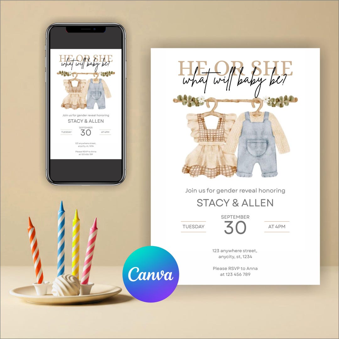 Editable Gender Reveal Invitation | He or She What Will Baby Be | Boho ...