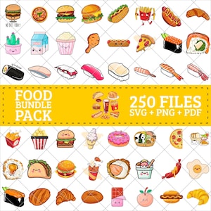 Kawaii Food SVG Bundle | 250+ Cute Food Clipart Png PDF EPS | Sushi, Donuts, Pizza, Burger Svg for Cricut and Sublimation