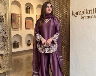 Conjunto de Kurti Palazzo de seda crepé con bordado de lentejuelas, atuendo festivo indio.