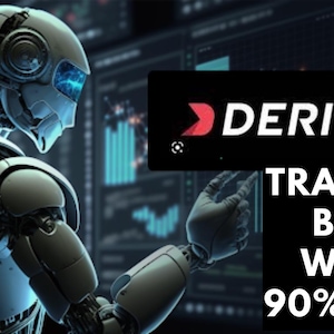 Pode incluir: Um robô prateado em um ambiente futurista, com telas de dados ao fundo. A imagem inclui o logotipo Deriv e o texto "TRADING BOT WITH 90% WIN."