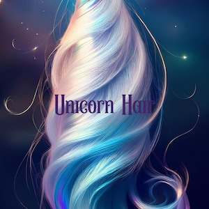 Op de afbeelding: Een artistieke weergave van eenhoornhaar, met vloeiende lokken in wit, blauw en paars. De afbeelding heeft een donkerblauwe achtergrond met sterren en de tekst "Unicorn Hair".