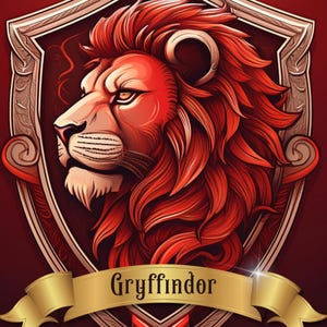 May include: A detailed illustration of a red lion's head in profile, set against a shield. The lion has a flowing mane and is framed by a decorative border. A gold banner below reads "Gryffindor". The background is a deep red.