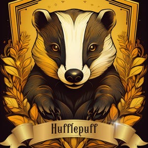 May include: Illustration of a badger with black, white, and gold tones, set against a black background. The badger is centered within a gold shield, surrounded by golden leaves. A gold banner below reads "Hufflepuff".