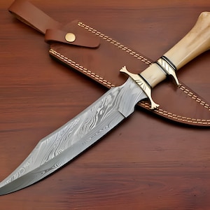 Custom Damascus Bowie Hunting Knife | Full-Tang Outdoor Camping Blade with Leather Sheath | Tactical Survival Tool & Gift for Father or him