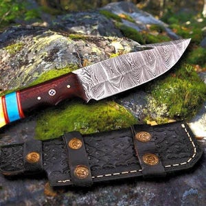 Hand-Forged Damascus Steel Bowie Knife, Outdoor Hunting, Camping & Survival Blade with Leather Sheath| Handmade Knife , Perfect Gift for Him