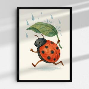 May include: Framed watercolor print of a ladybug running in the rain, holding a leaf overhead. The ladybug is red with black spots and a black head. Raindrops and a green leaf are also depicted. The artwork is in a black frame.
