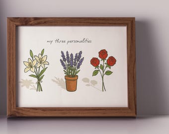 My Three Personalities Flower Art Print - Botanical Watercolour Wall Art, A4 Landscape, Gift for Flower Lovers, Home Decor Cottagecore UK