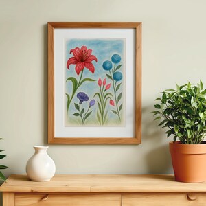 Nyckfullt konsttryck med trädgårdsblommor - Färgglad A4-blommaffisch, oramad botanisk akvarellillustration, Cottagecore väggdekor UK