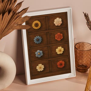 Chest of Drawers A4 Art Print - Wooden Tone, Floral Knob, Watercolour Style Illustration - Unframed Wall Decor Cottagecore UK